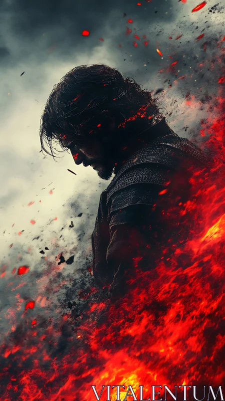 Armored warrior profile dissolves into dynamic eruptive lava field