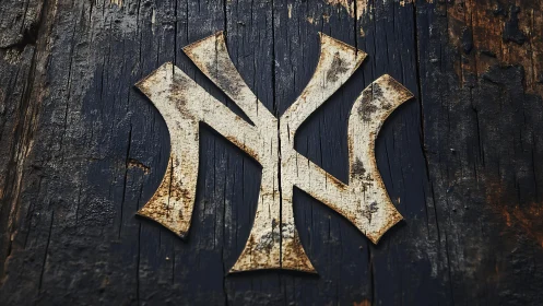 Metallic interlocking NY emblem mounted on aged wood background