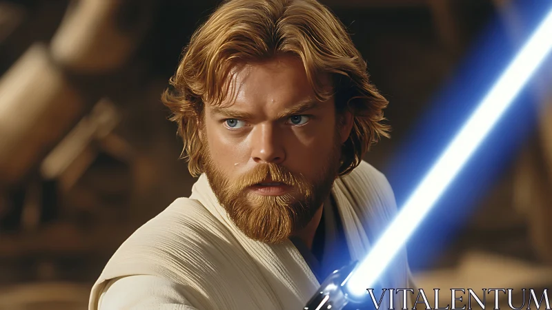 Photorealistic sci‑fi warrior portrait with illuminated energy blade.