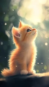 Golden kitten study under dreamy forest sunlight glow.