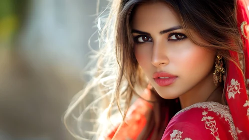 Portrait of woman in red embroidered fabric outdoors.