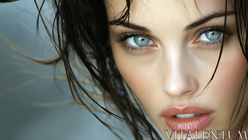 Macro cinematic portrait of wet blue eyes and skin texture.