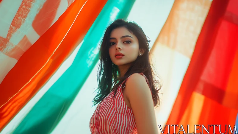 Portrait of Young Woman Amid Vibrant Flags in Soft Sunlight.