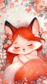 Digital painting of sleeping fox girl in floral pastel frame.