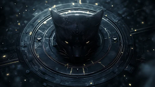 Black metallic cat head centered in dark circular matrix.
