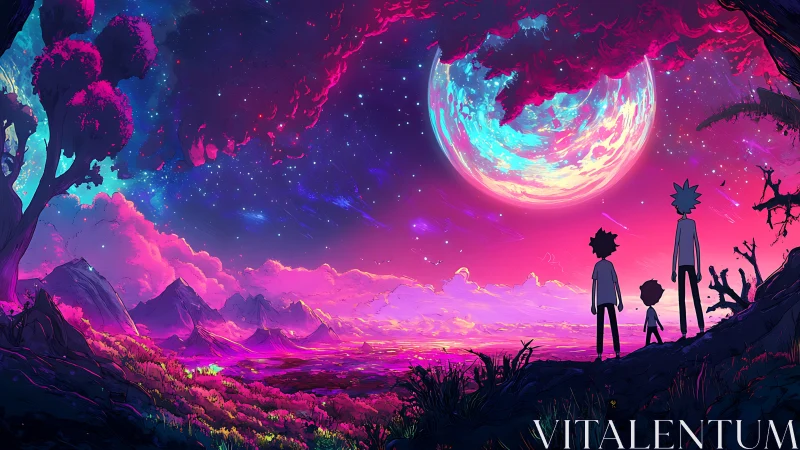 Vibrant alien landscape under large glowing moon at dusk.