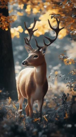 High-fidelity stag render amid bokeh-tinted deciduous canopy.