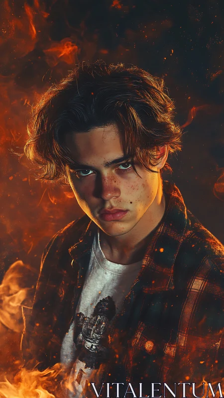 Intense young rebel stands framed by swirling orange fire