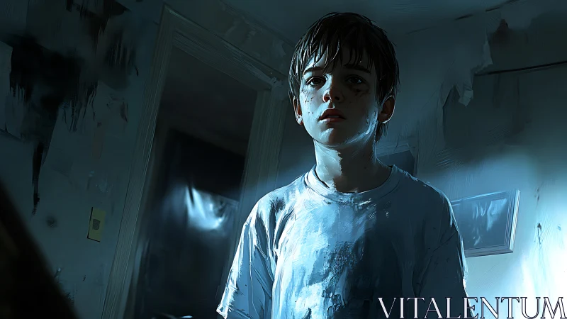 Boy in dim blue room with distressed walls stands alone.