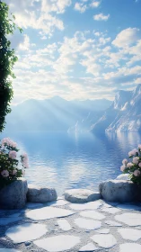 Sunlit lakeside terrace opens onto tranquil blue horizon.