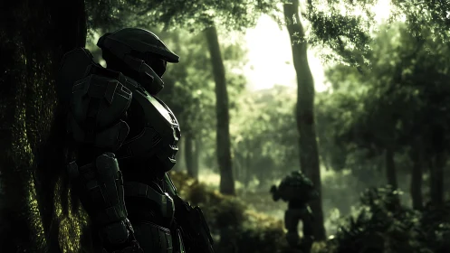 Armored sentry dreaming in a sun-drenched alien forest.