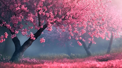 Cherry blossom trees glow softly in misty spring light