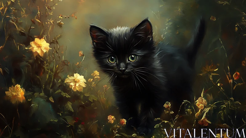 Black Cat with Luminous Eyes in Golden Floral Garden.