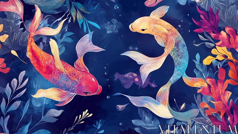 Colorful koi fish glide through deep blue aquatic garden