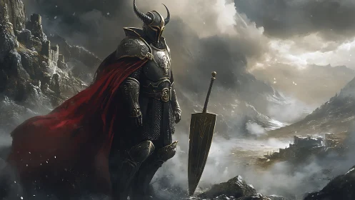 Horned black knight guards desolate mountain pass in storm