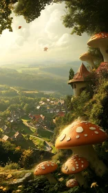 Mushroom structures overlook sunlit valley village and landscape
