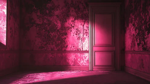 Pink illuminated door in distressed interior corridor space.