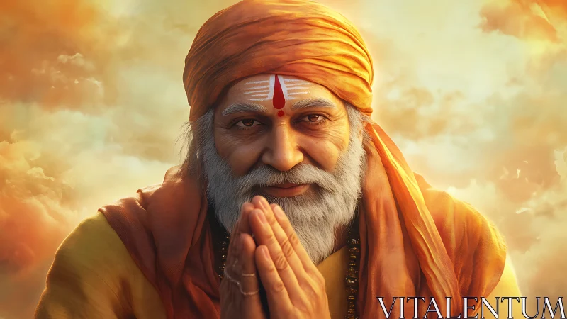 Elderly spiritual guru offers prayerful greeting in clouds