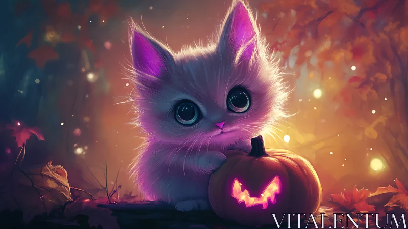 Luminescent Kitten with Jack-o'-Lantern: Digital Fantasy Composition.