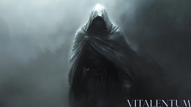 Hooded wraith strides through stormlit fog of forgotten realm.
