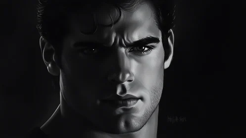 Intense monochrome portrait captures a brooding, focused gaze