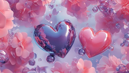 Glass Hearts Surrounded by Blooms in Dreamy Pink.