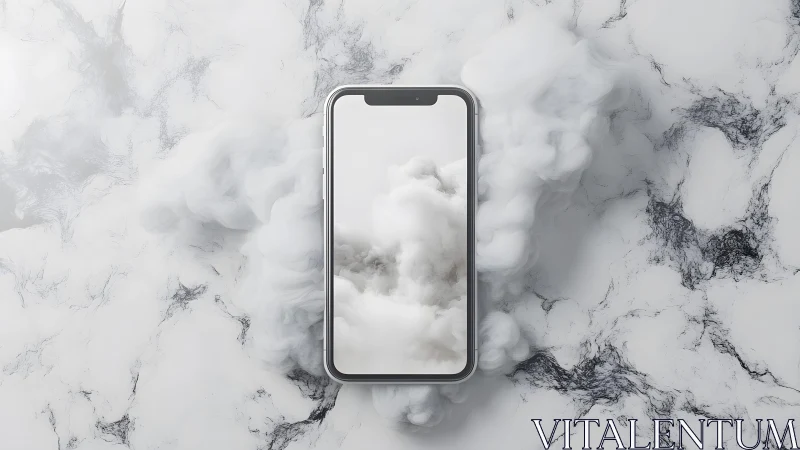 Modern smartphone on marble with surreal smoke effect, minimal style. Modern smartphone on marble with surreal smoke effect, minimal style.
