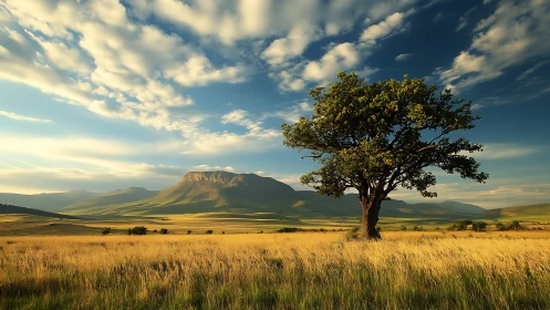 Golden field and lone tree under wide open mountain sky.