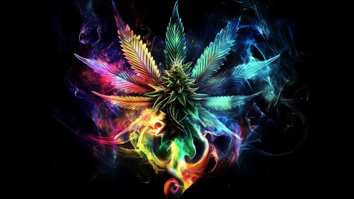 Radiant cannabis leaf ignites in swirling neon smoke forms.
