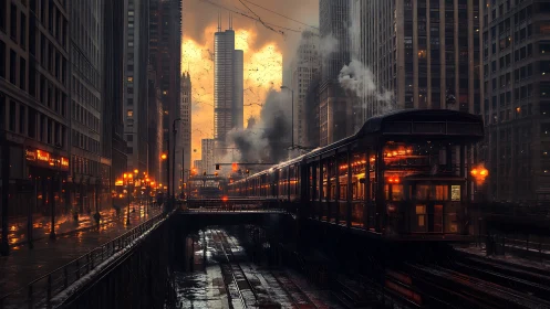 Stormlit elevated train crossing through noir city dusk.