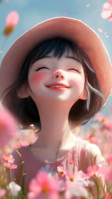 Sunlit bloom Girl smiling in a whirlwind of pink petals.
