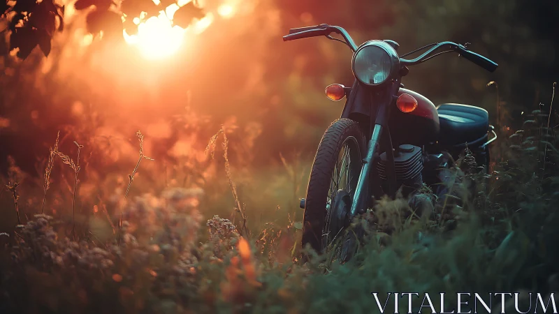 Vintage motorcycle rests in tall grass at warm sunset glow
