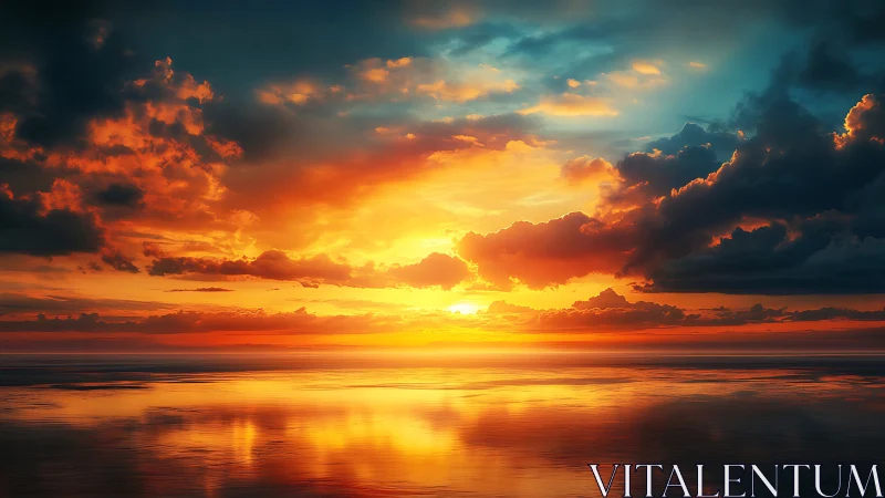 Dramatic sunset over calm ocean with vivid fiery clouds.