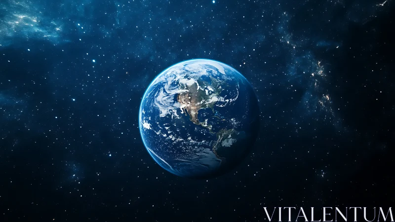 Lonely blue planet drifting through a velvet star ocean.