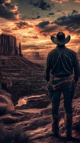 Solitary cowboy overlooking desert canyon at sunset horizon.