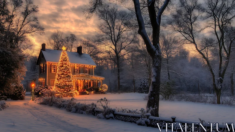 Snowy farmhouse glows with Christmas lights at dusk.