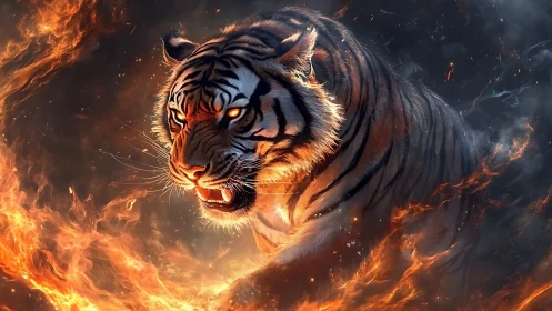 Fire-lit tiger charges through blazing embers and smoke.