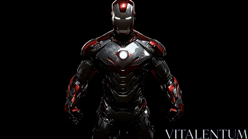 Armored humanoid figure stands centered against black background