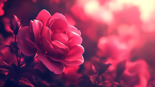 Vibrant Rose Garden in Soft Focus. Crimson Blooms.