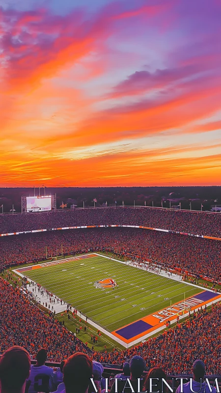 Vibrant football stadium panorama under saturated sunset sky