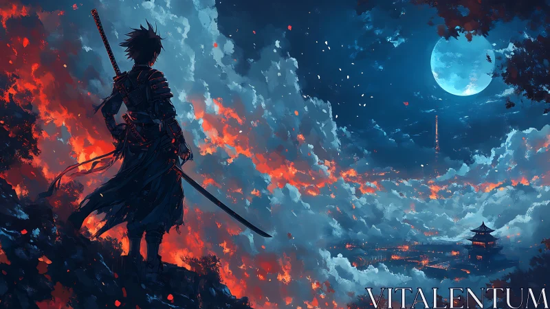 Digital painting of lone samurai over burning cloud cityscape.
