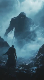 Swordsman confronts colossal shadow entity in mist-laden ravine