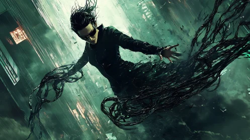 Cybernetic warrior bends reality in storm of digital tendrils.