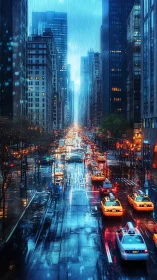 Neon rain river of taxis carving through mirrored towers.