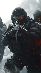 Focused tactical operative advancing through winter streets.