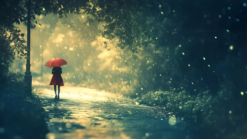 Solitary figure with red umbrella on wet forest path.