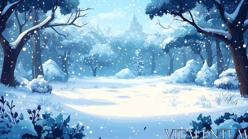 Forested landscape during active snowfall with layered atmospheric depth