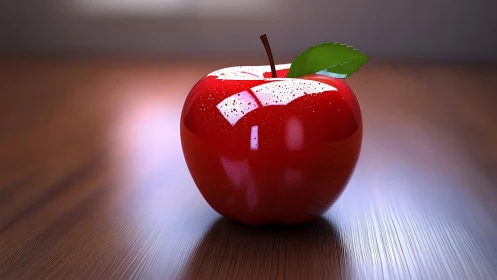 Glossy red apple resting in soft afternoon light on wood.