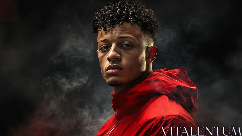 Confident young man stands in bold red jacket amid swirling mist