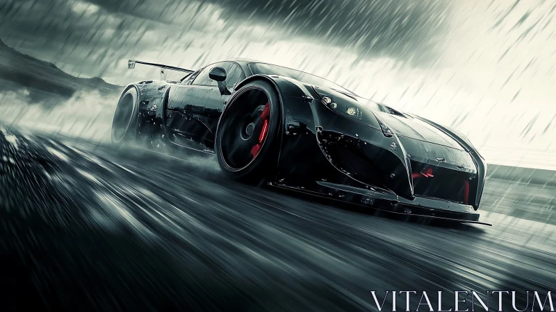 Racing car powers through wet asphalt under heavy rain